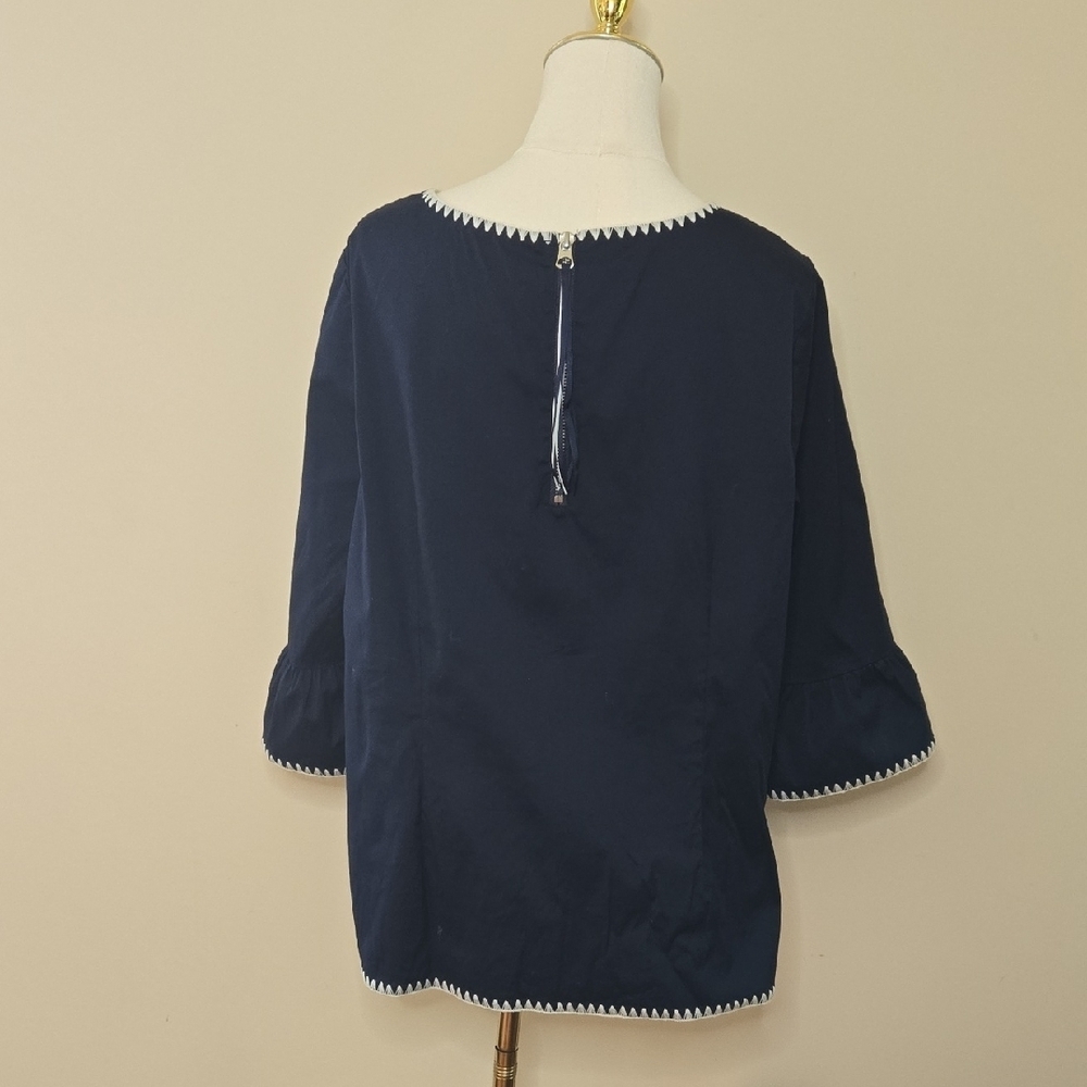 Talbots Navy Bell Sleeve Top White Trim Preppy Nautical Coastal Cotton Blouse - Picture 4 of 10